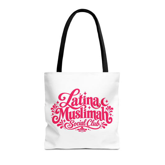 Latina Muslimah Social Club Tote Bag — Feminine Pink Script All-Over Print