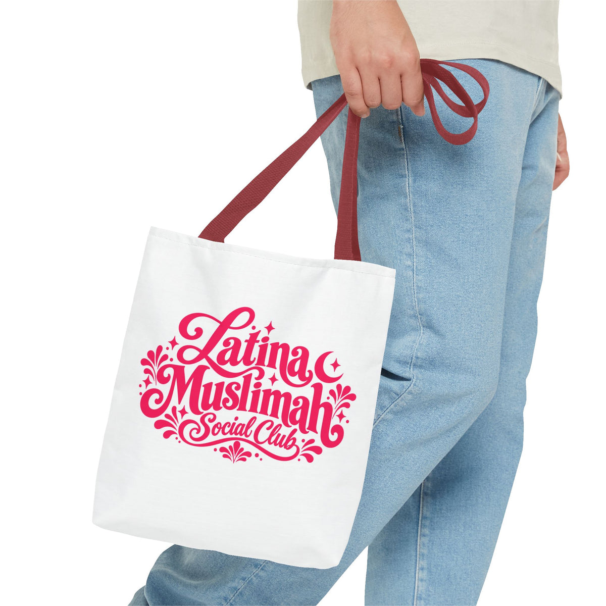 Latina Muslimah Social Club Tote Bag — Feminine Pink Script All-Over Print