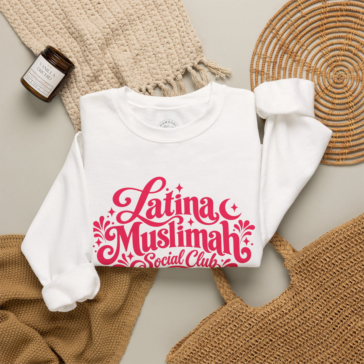 Latina Muslimah Crewneck Sweatshirt — Feminine Pink Script Pullover