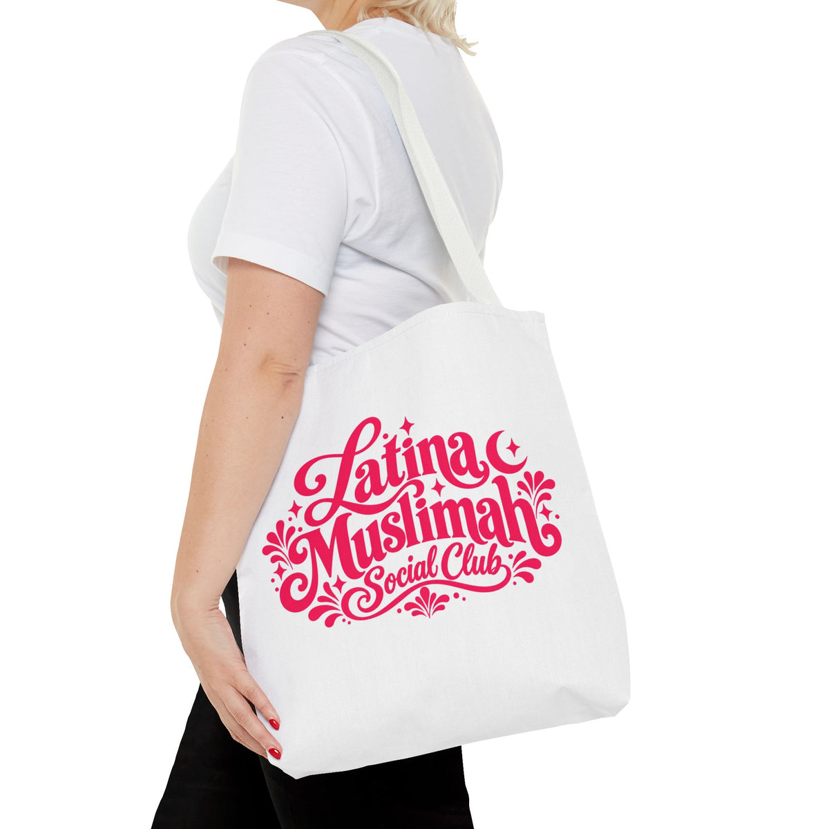 Latina Muslimah Social Club Tote Bag — Feminine Pink Script All-Over Print