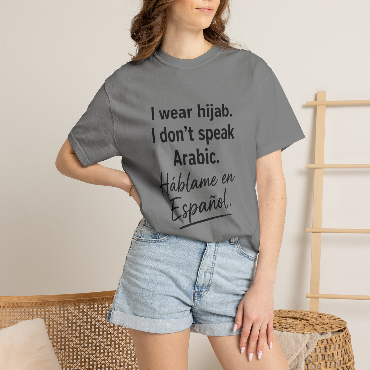 T-Shirt — "I wear hijab. I don't speak Arabic. Háblame en Español." Statement Tee