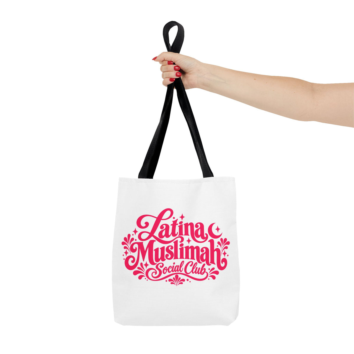 Latina Muslimah Social Club Tote Bag — Feminine Pink Script All-Over Print