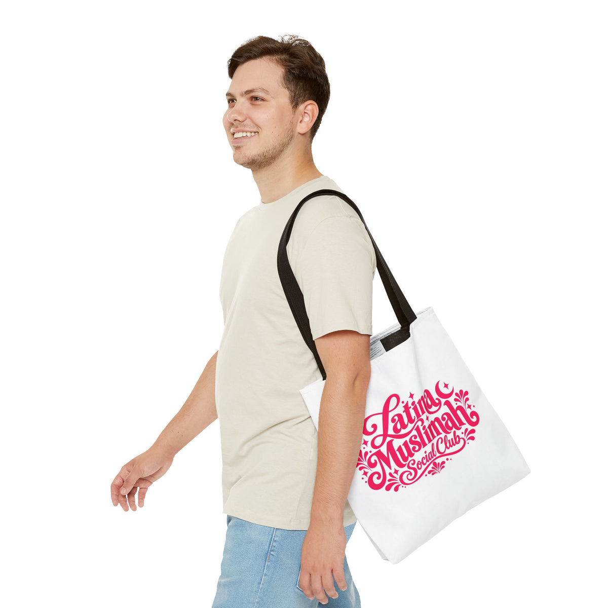 Latina Muslimah Social Club Tote Bag — Feminine Pink Script All-Over Print