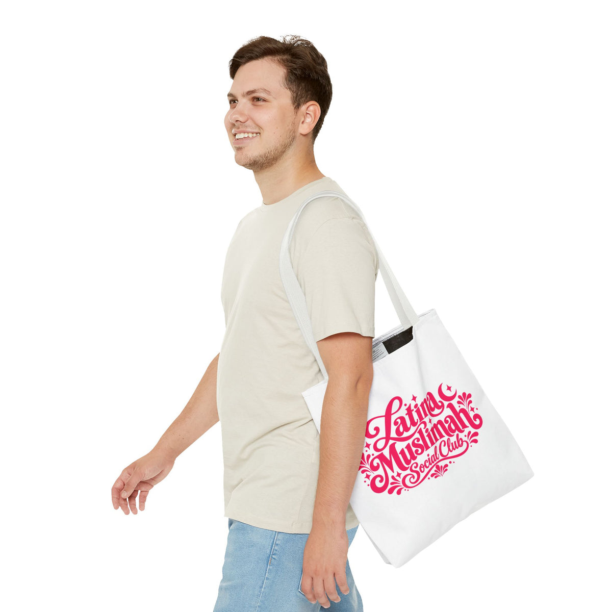Latina Muslimah Social Club Tote Bag — Feminine Pink Script All-Over Print