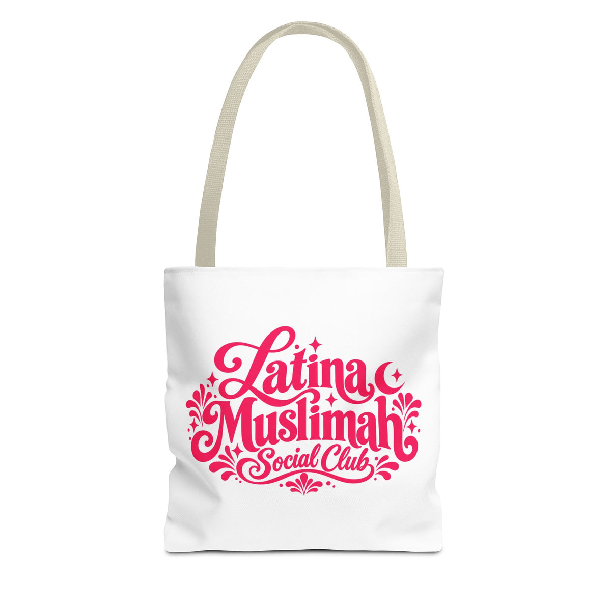 Latina Muslimah Social Club Tote Bag — Feminine Pink Script All-Over Print