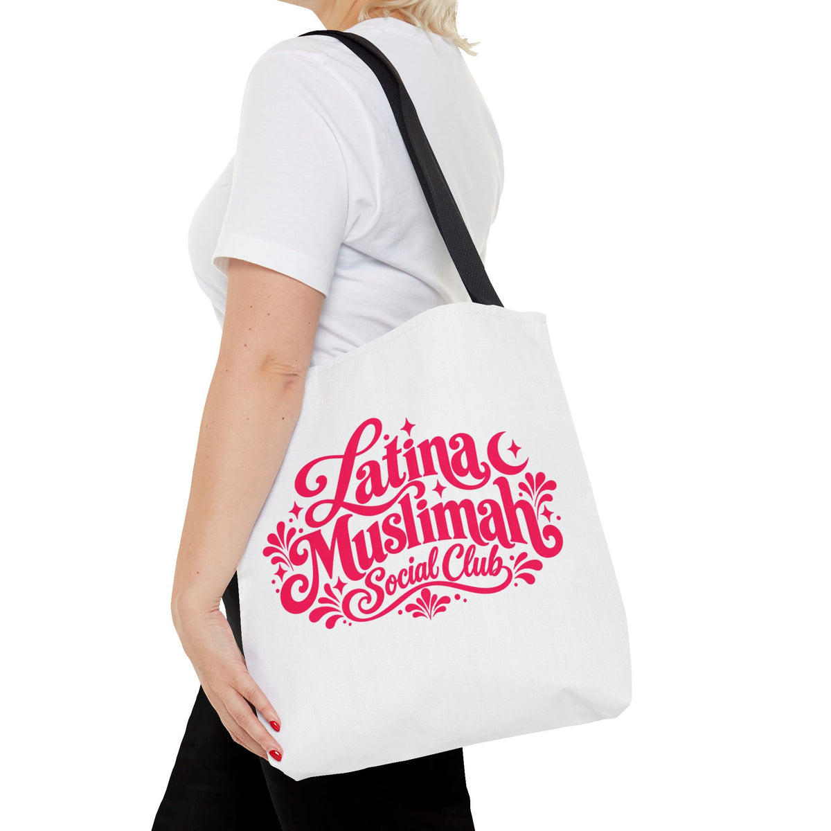 Latina Muslimah Social Club Tote Bag — Feminine Pink Script All-Over Print
