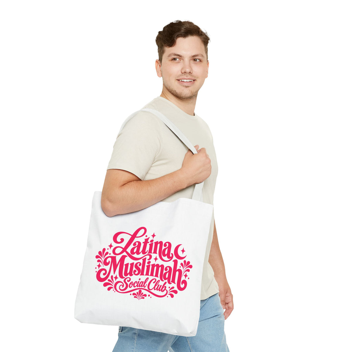 Latina Muslimah Social Club Tote Bag — Feminine Pink Script All-Over Print