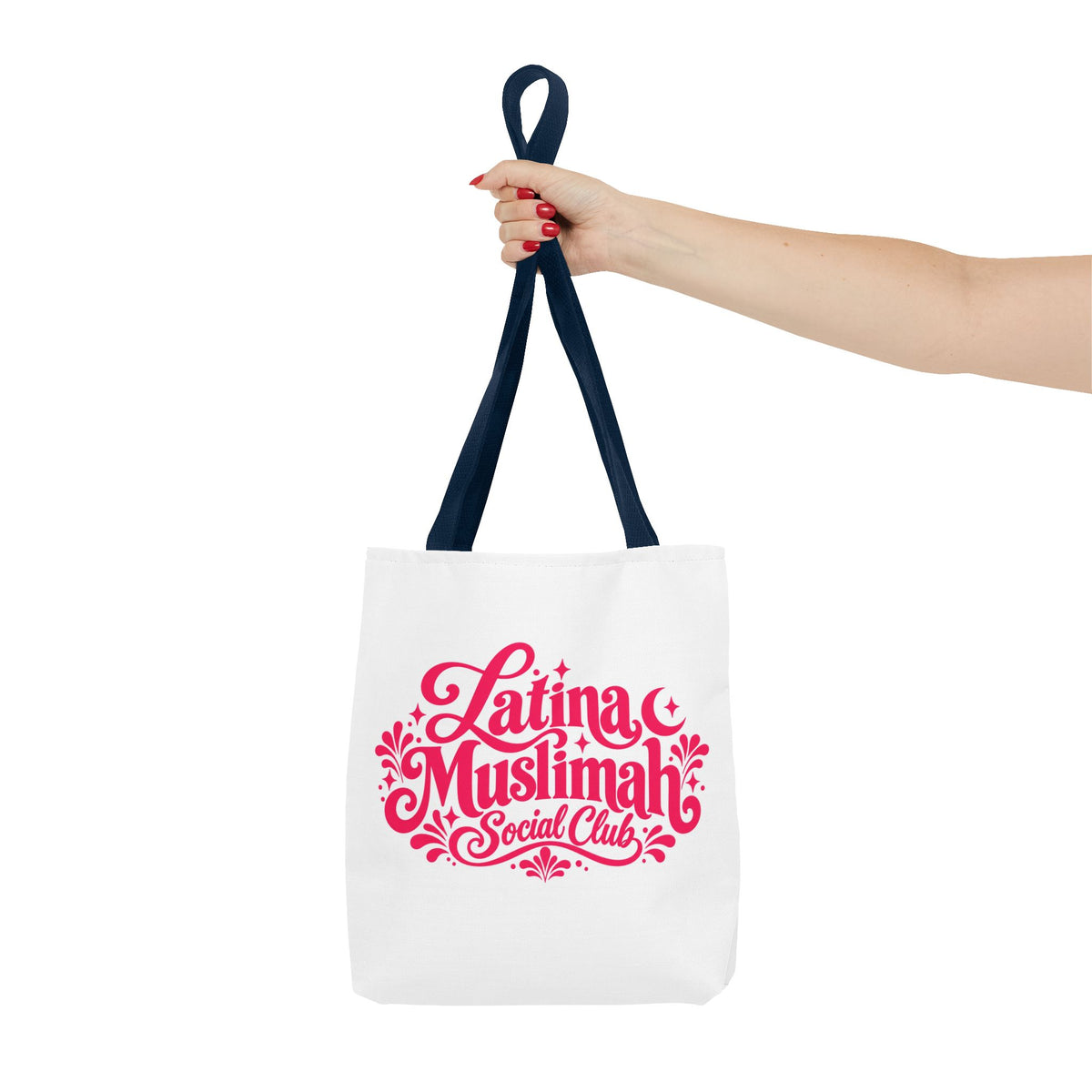 Latina Muslimah Social Club Tote Bag — Feminine Pink Script All-Over Print