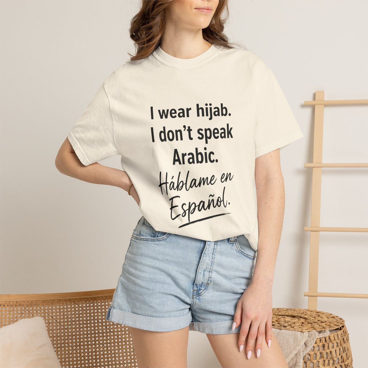 T-Shirt — "I wear hijab. I don't speak Arabic. Háblame en Español." Statement Tee