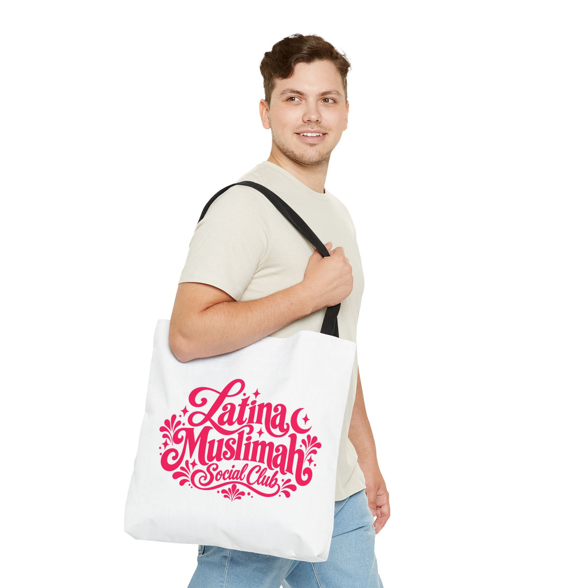 Latina Muslimah Social Club Tote Bag — Feminine Pink Script All-Over Print