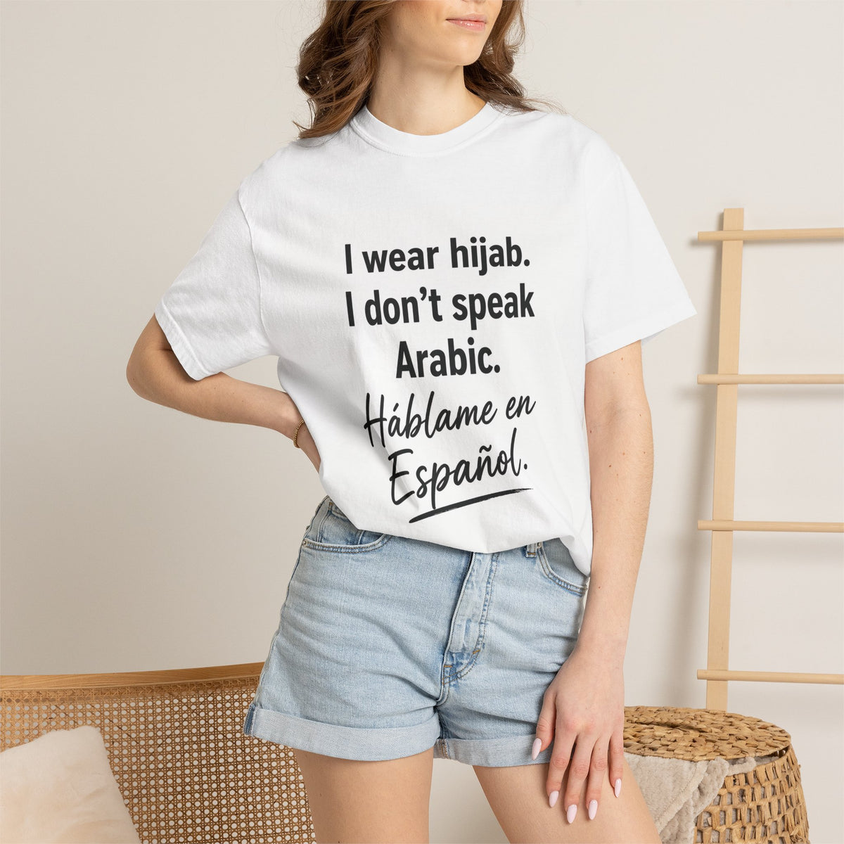 T-Shirt — "I wear hijab. I don't speak Arabic. Háblame en Español." Statement Tee