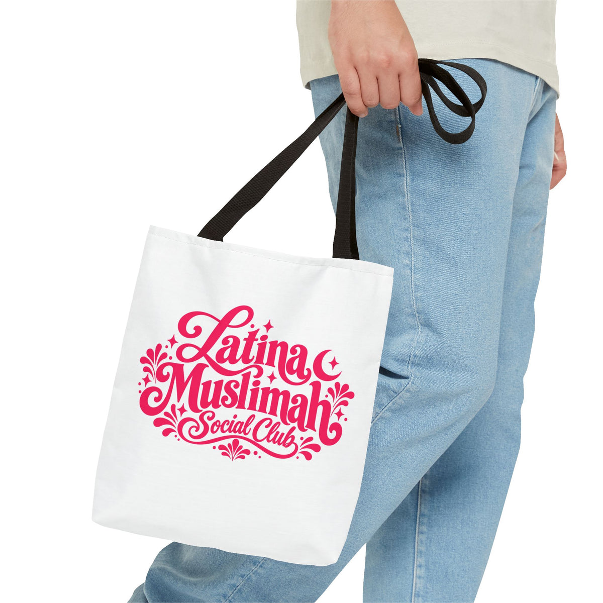 Latina Muslimah Social Club Tote Bag — Feminine Pink Script All-Over Print