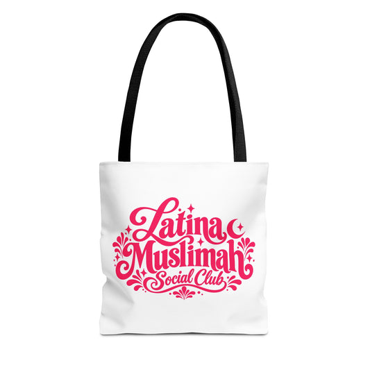 Latina Muslimah Social Club Tote Bag — Feminine Pink Script All-Over Print