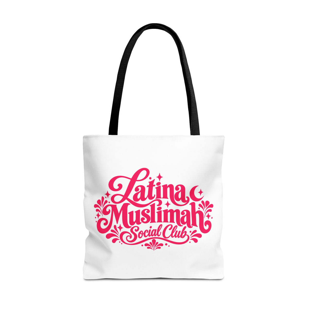 Latina Muslimah Social Club Tote Bag — Feminine Pink Script All-Over Print