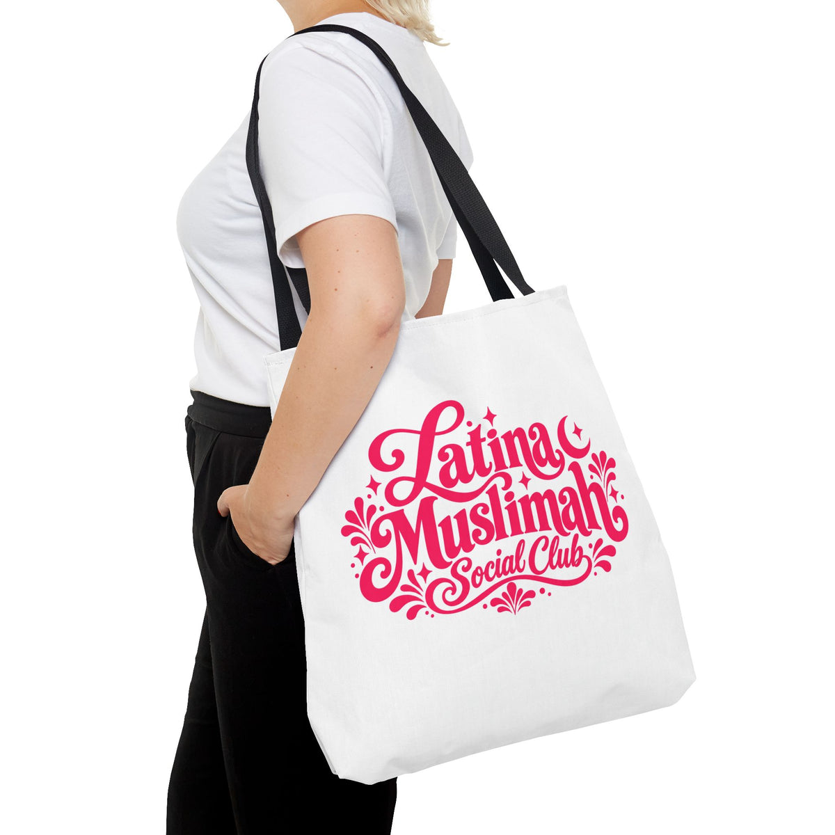 Latina Muslimah Social Club Tote Bag — Feminine Pink Script All-Over Print
