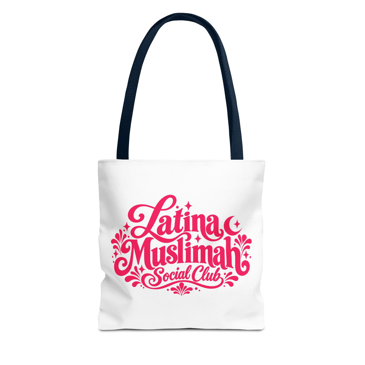 Latina Muslimah Social Club Tote Bag — Feminine Pink Script All-Over Print