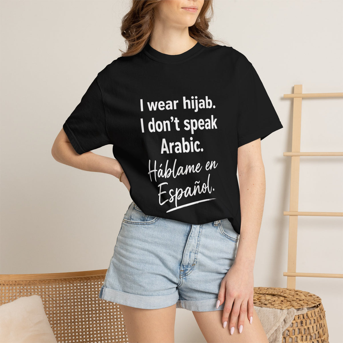 T-Shirt — "I wear hijab. I don't speak Arabic. Háblame en Español." Statement Tee