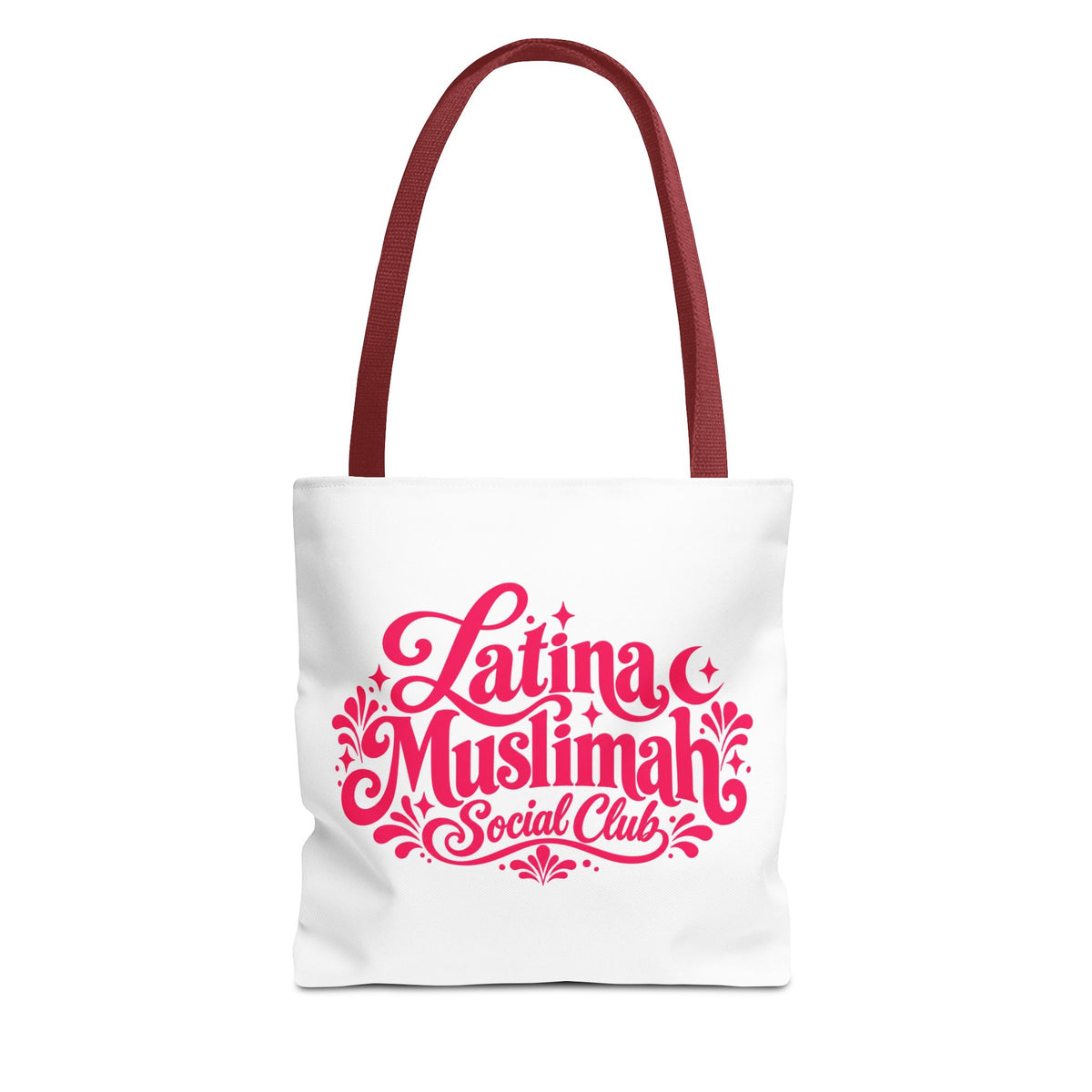 Latina Muslimah Social Club Tote Bag — Feminine Pink Script All-Over Print