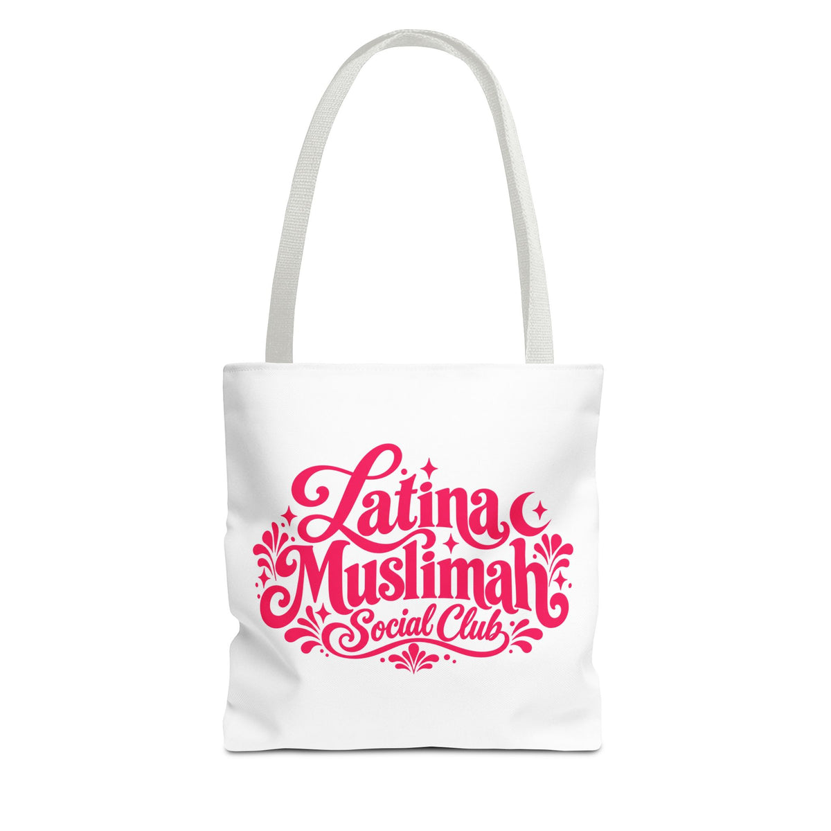 Latina Muslimah Social Club Tote Bag — Feminine Pink Script All-Over Print