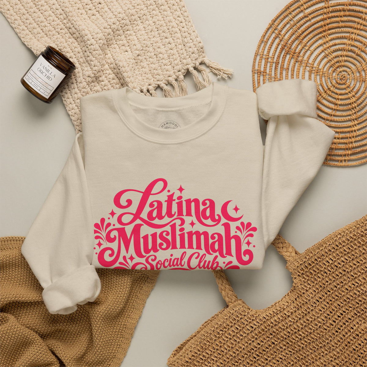 Latina Muslimah Crewneck Sweatshirt — Feminine Pink Script Pullover