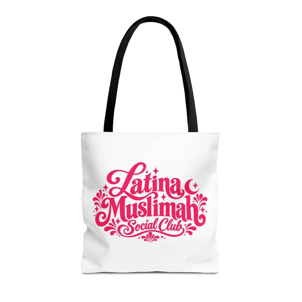 Latina Muslimah Social Club Tote Bag — Feminine Pink Script All-Over Print