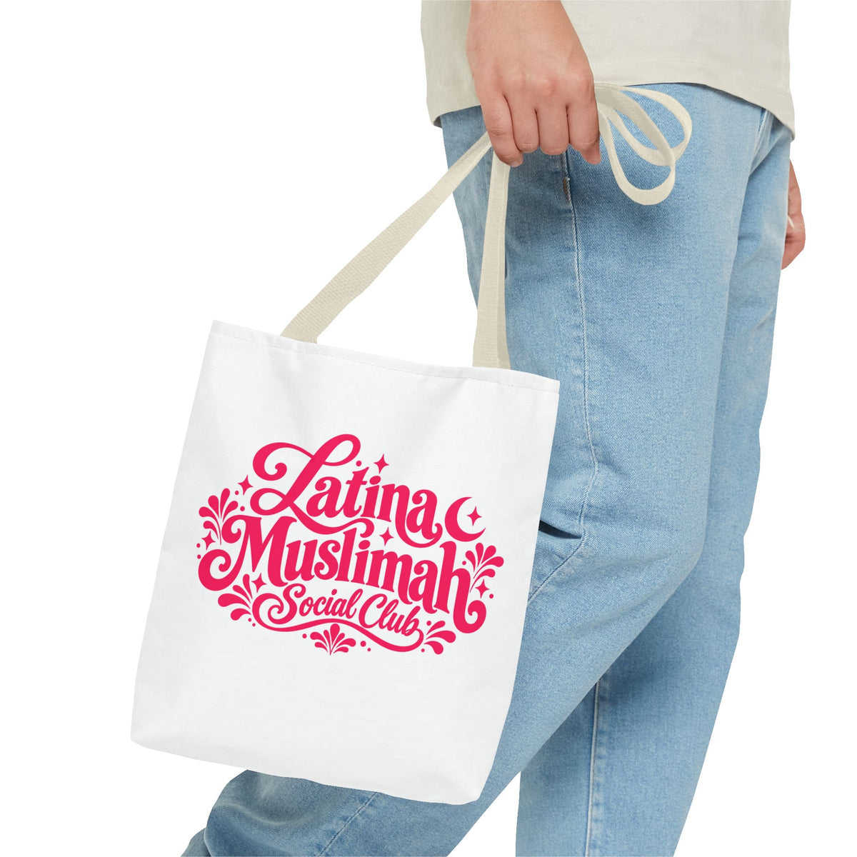 Latina Muslimah Social Club Tote Bag — Feminine Pink Script All-Over Print