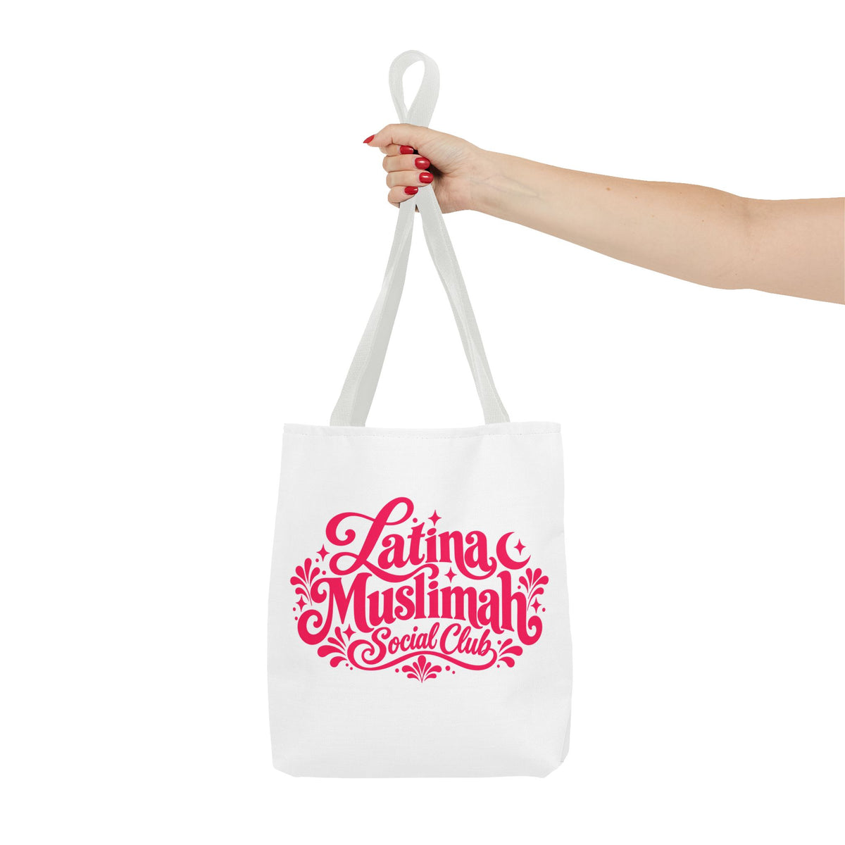 Latina Muslimah Social Club Tote Bag — Feminine Pink Script All-Over Print
