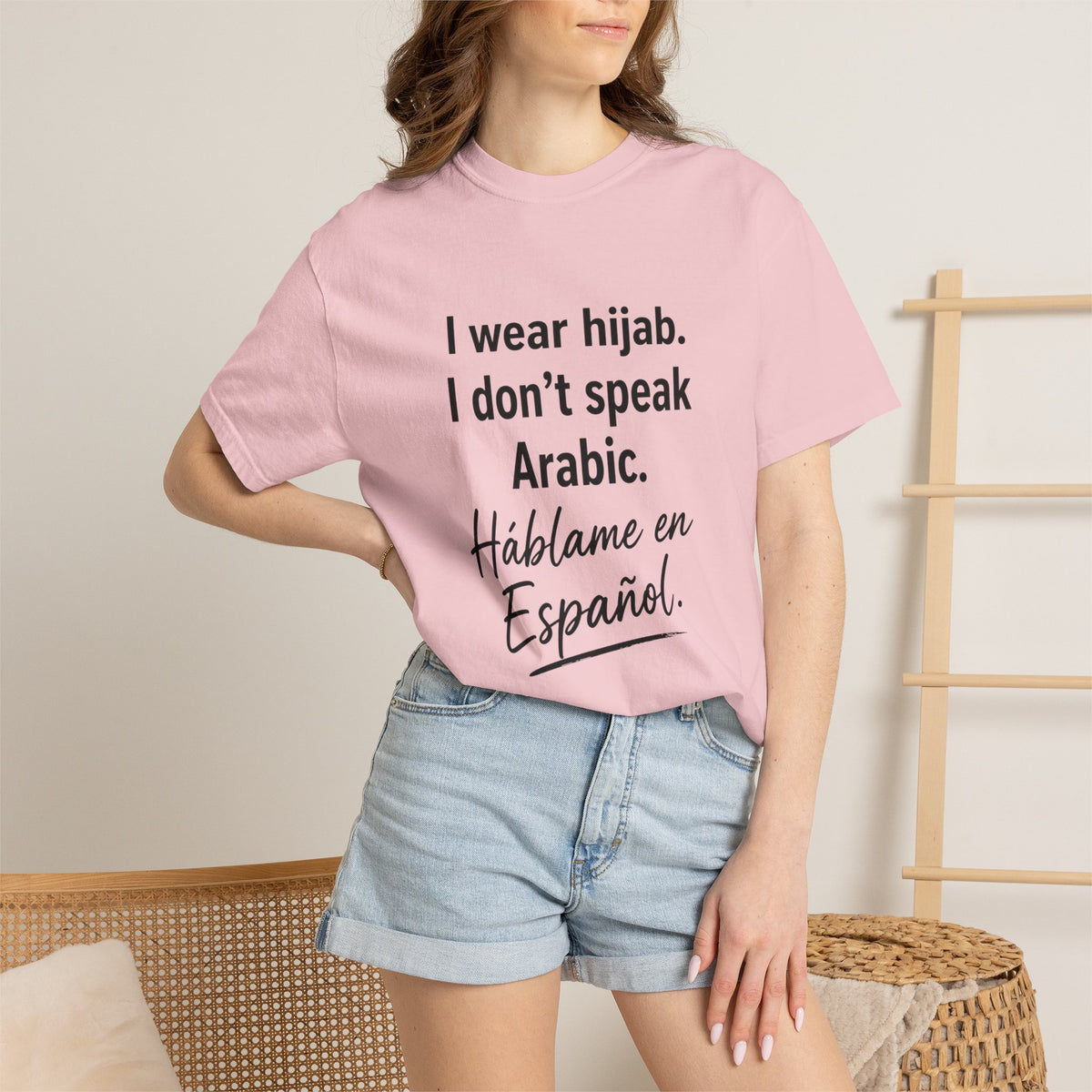 T-Shirt — "I wear hijab. I don't speak Arabic. Háblame en Español." Statement Tee