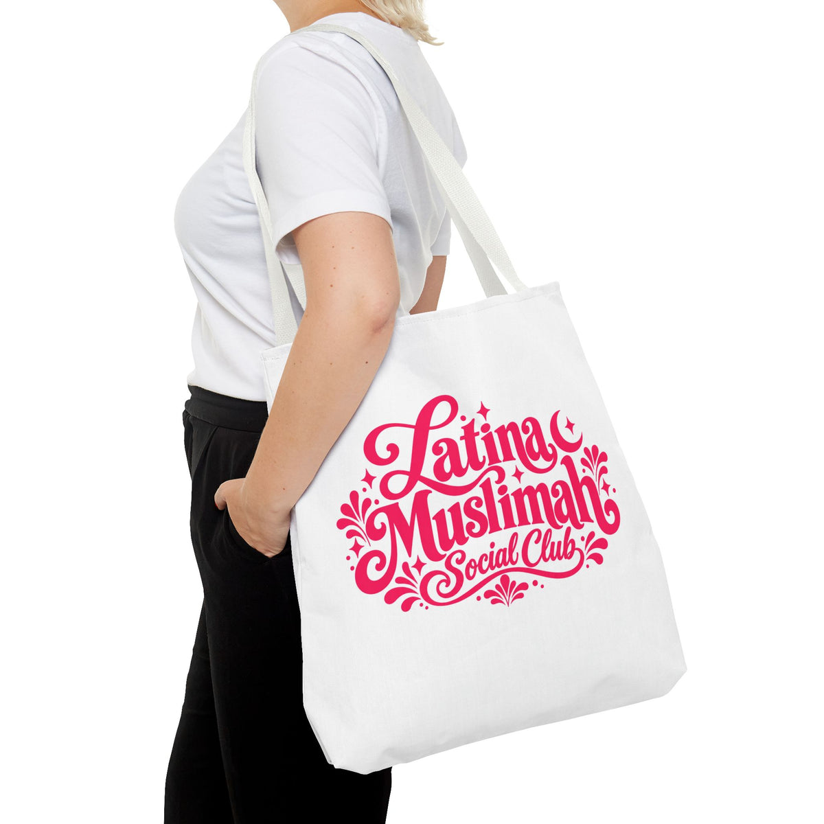 Latina Muslimah Social Club Tote Bag — Feminine Pink Script All-Over Print