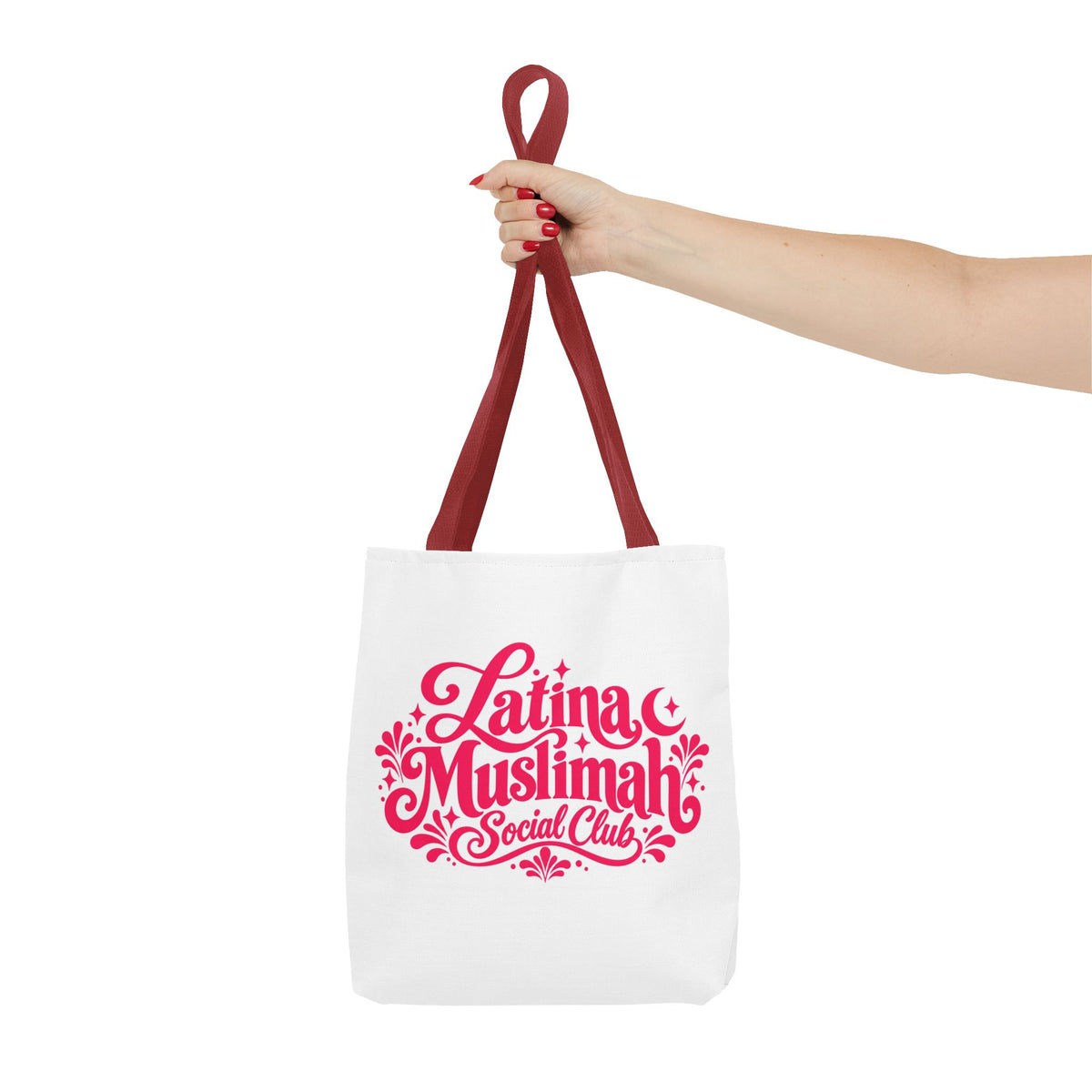 Latina Muslimah Social Club Tote Bag — Feminine Pink Script All-Over Print