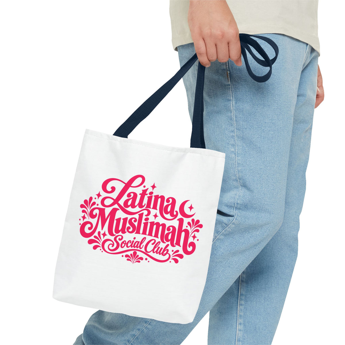 Latina Muslimah Social Club Tote Bag — Feminine Pink Script All-Over Print