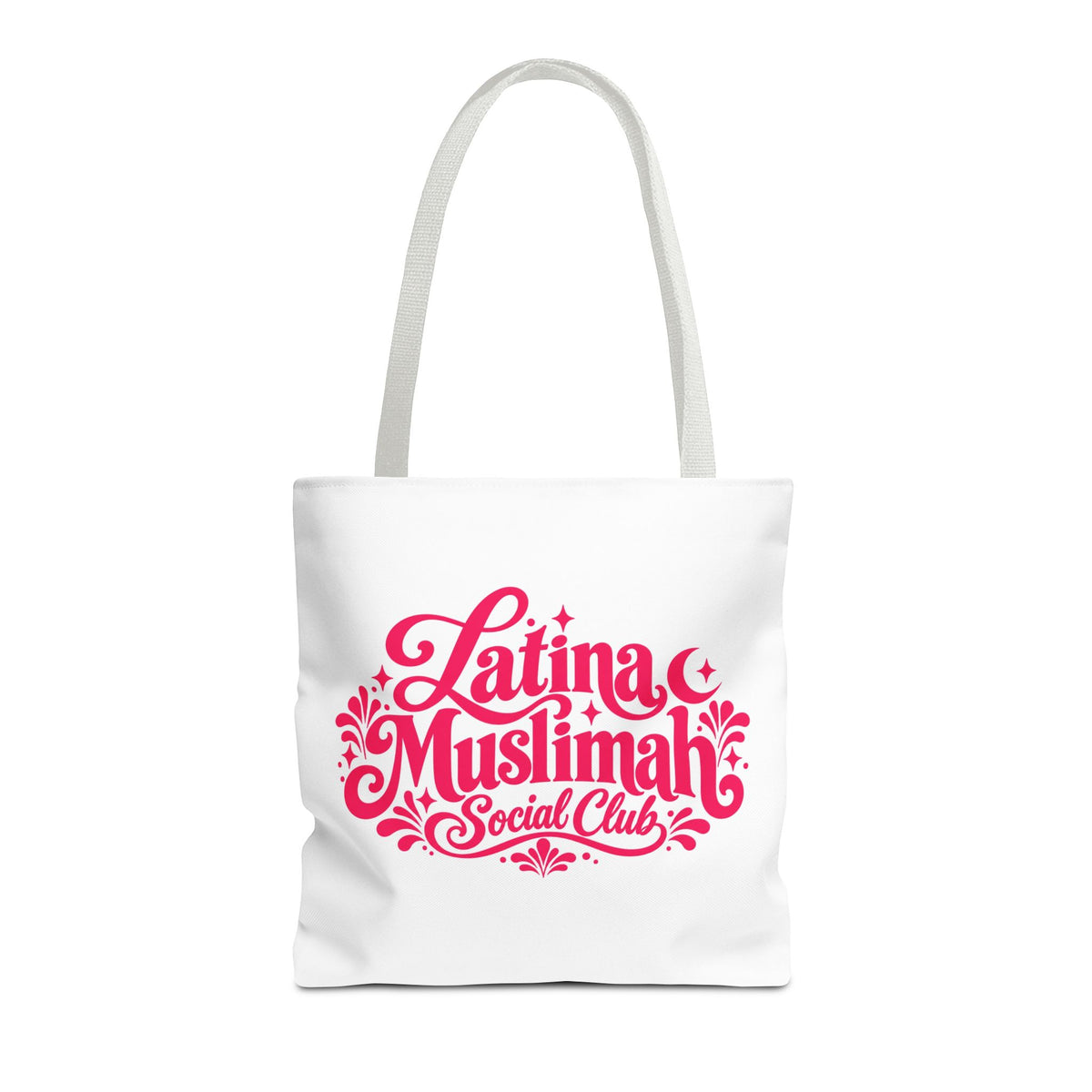 Latina Muslimah Social Club Tote Bag — Feminine Pink Script All-Over Print